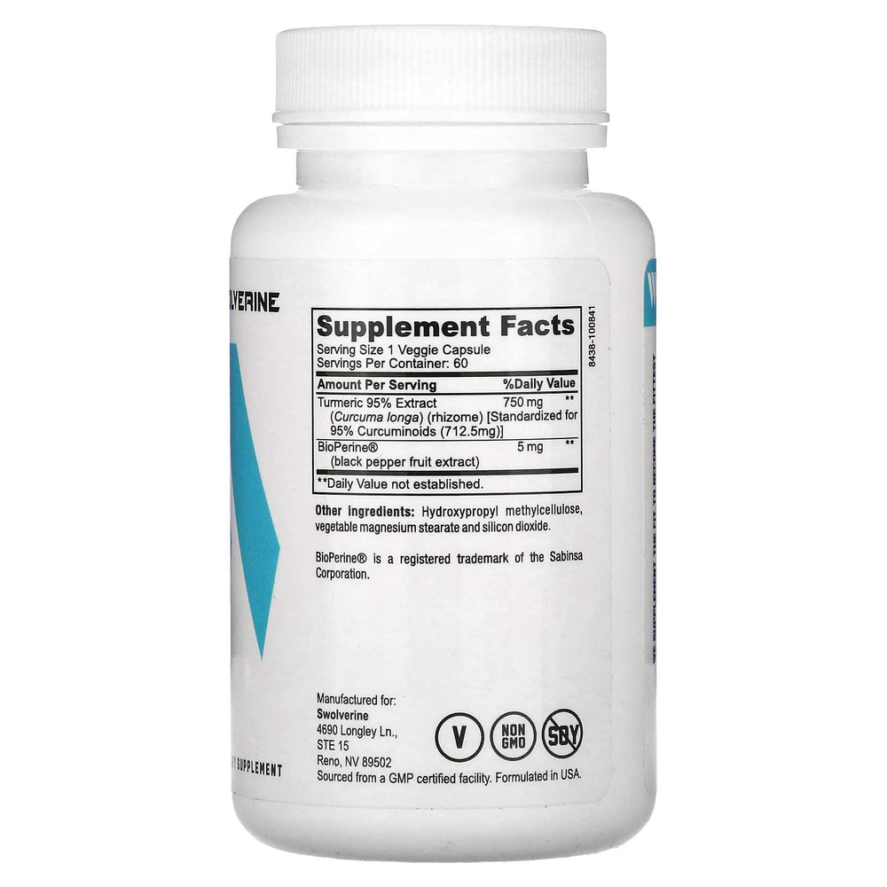 Swolverine, куркума, 60 капсул