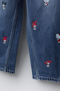 ZARA ДЖИНСЫ BARREL HELLO KITTY © SANRIO, СИНИЙ