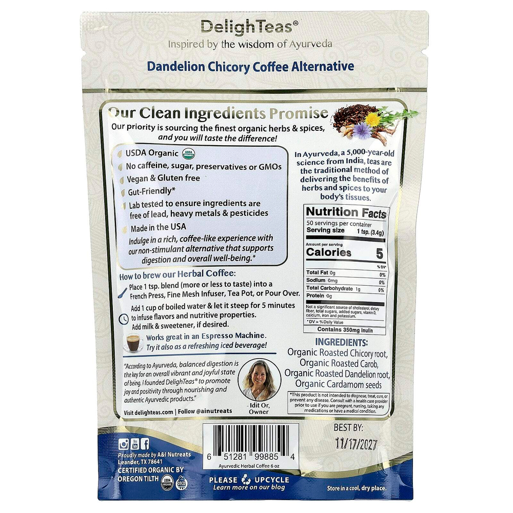 DelighTeas, аюрведическая травяная смесь, одуванчик и цикорий, альтернатива кофе, без кофеина, 170 г (6 унций)