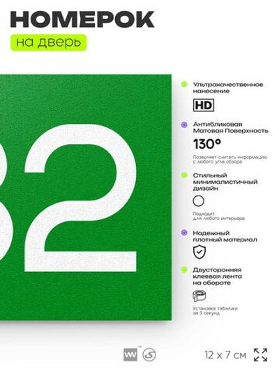 Номер на дверь 932, табличка на дверь для офиса, квартиры, кабинета, аудитории, склада, зеленая 120х70 мм, Айдентика Технолоджи