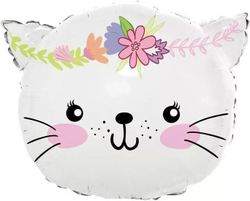 Шар (23""/58 см) Фигура, Котенок в цветах, Белый, 1 шт. Б4 ( 3 порции) Б012