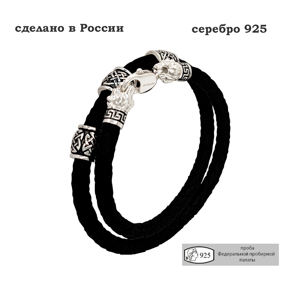 Браслет мужской из натуральной коди и серебра Львы Д57.Бс6.дв.