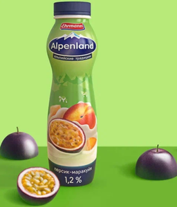 ЙОГУРТ ALPENLAND ПИТЬЕВОЙ ПАСТЕРИЗОВАННЫЙ С ПЕРСИКОМ И МАРАКУЙЕЙ 1,2% 420ГР