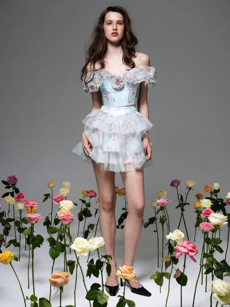 Мэй (May), топ из голубой органзы с цветочным принтом