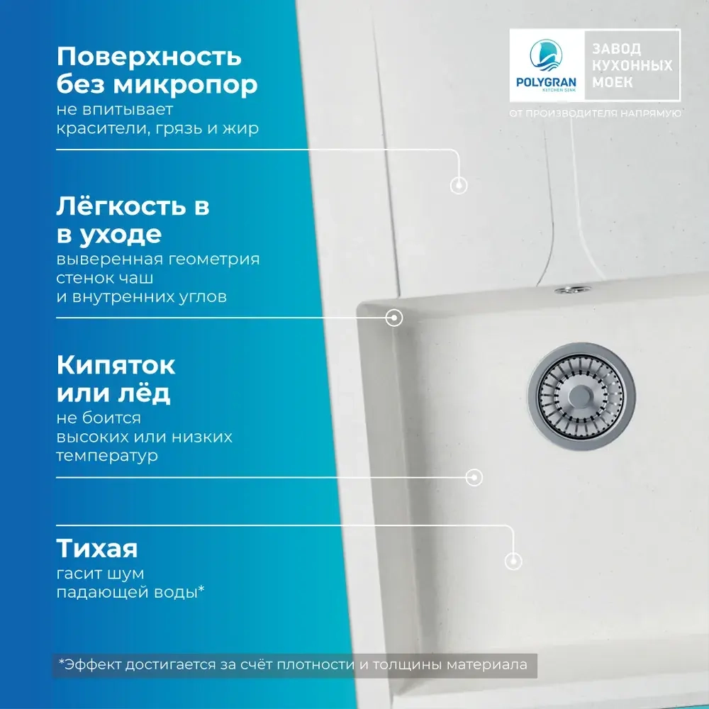 Мойка POLYGRAN GALS-760 белый хлопок №36, смеситель SKS5 белый хлопок №36
