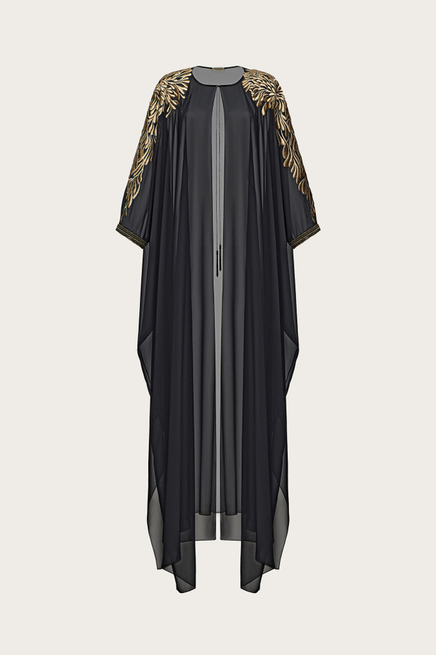 КЕЙП ИЗ ЧЕРНОГО ШЕЛКОВОГО ШИФОНА, ДЕКОРИРОВАННЫЙ ЛЮРЕКСНОЙ ВЫШИВКОЙ