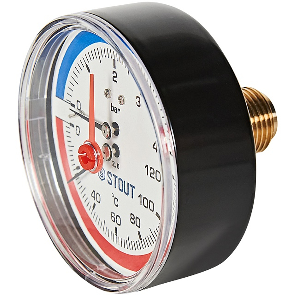 Термоманометр аксиальный STOUT - 1/2" (D80 мм, шкала 0-120°C/0-4 бар, с запорным клапаном)
