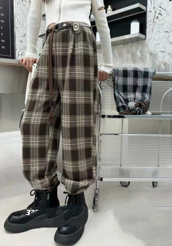 теплые брюки клетка " D " на резинке плис4859