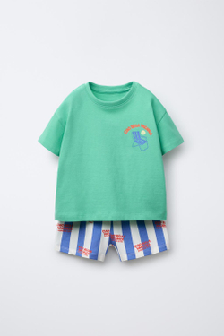 ZARA ПИЖАМА В ПЛЯЖНОМ СТИЛЕ С ФУТБОЛКОЙ И ШОРТАМИ, ЗЕЛЕНЫЙ