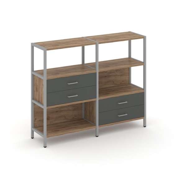 Shelf System Двухсекционный стеллаж трехярусный с ящиками SN.STM-323 Дуб Табак/Антрацит/Металл Серый
