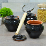 Набор 3 горшка для запекания "Черный янтарь" с крышками+ухват "Вятская керамика"