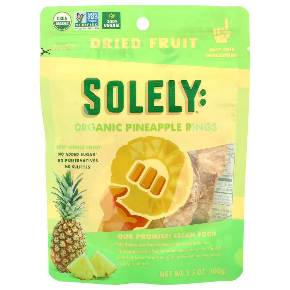 Solely, Органические сухофрукты, ананасовые кольца, 100 г (3,5 унции)