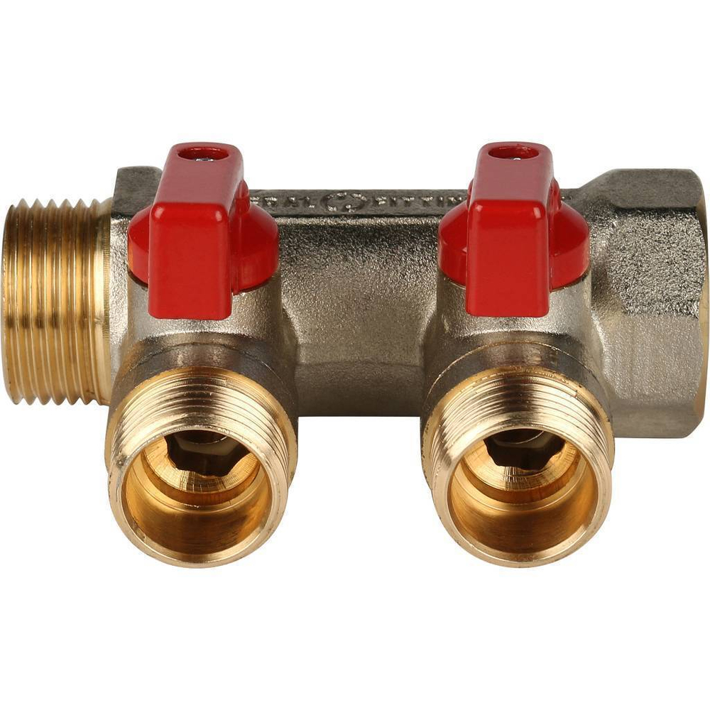 STOUT Коллектор с шаровыми кранами 3/4", 2 отвода 1/2" (красные ручки)