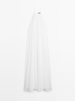 Massimo Dutti Длинное плиссированное платье со сборкой, натуральный, кремовый