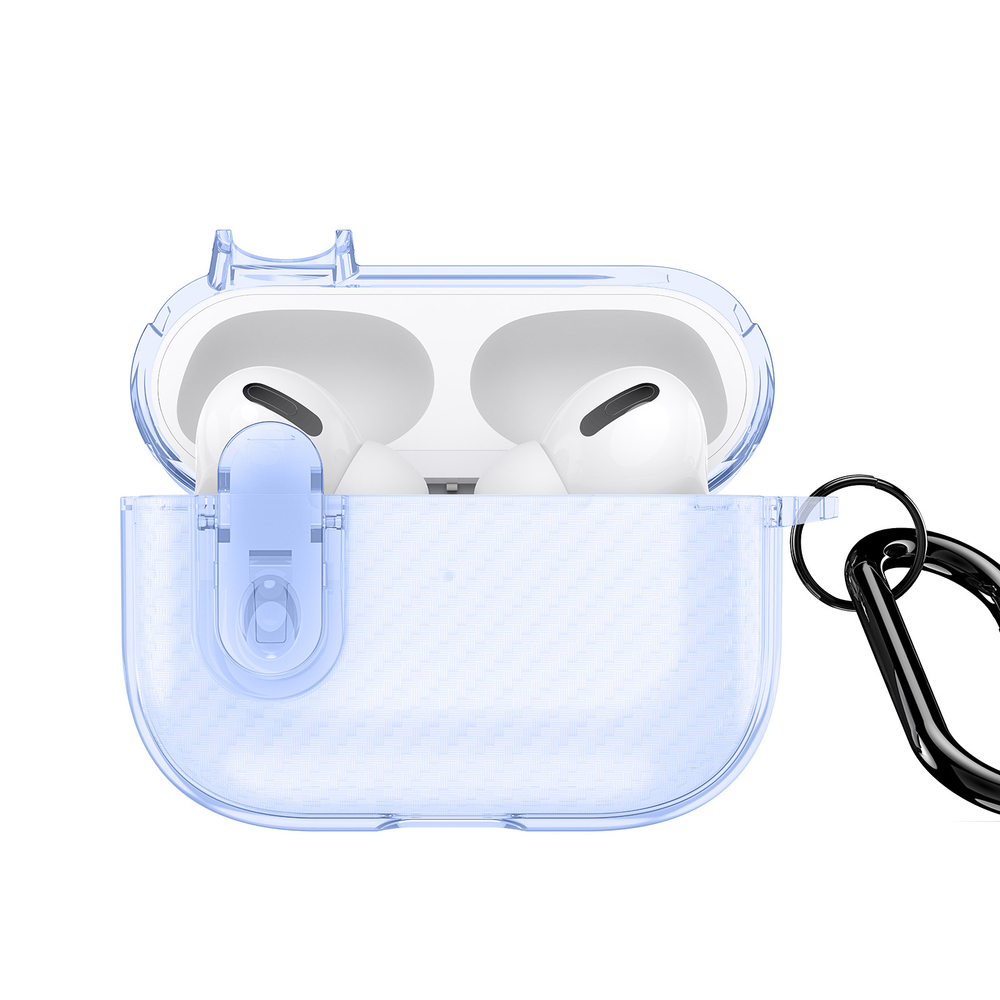 Чехол для наушников AirPods Pro 2, прозрачный синий цвет с карбоновой текстурой от Dux Ducis, серия PECK Series Case, в комплекте с карабином