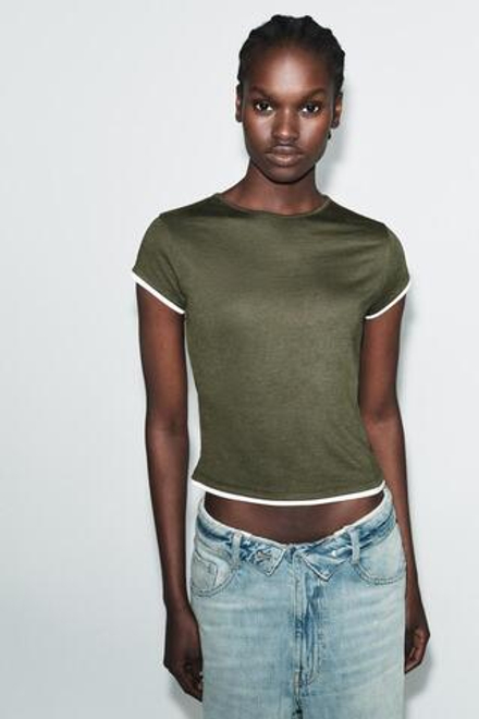 ZARA ФУТБОЛКА С КОНТРАСТНЫМИ ДЕТАЛЯМИ, ТЕМНЫЙ ХАКИ