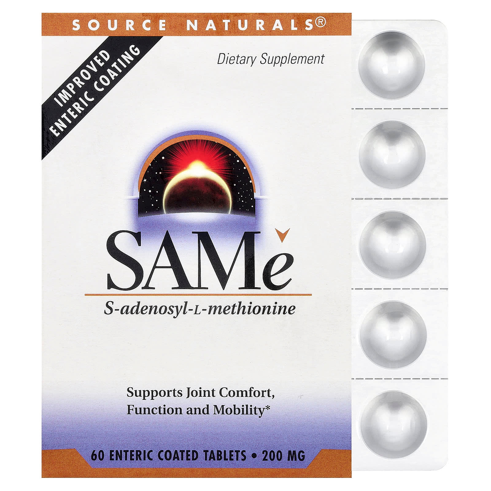 Source Naturals, SAMe, 60 таблеток, покрытых кишечнорастворимой оболочкой (200 мг в 1 таблетке)