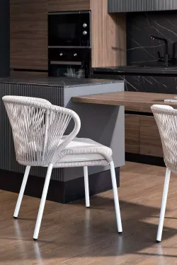 "Милан" стул плетеный из роупа, каркас алюминий белый шагрень, роуп бежевый круглый, ткань бежевая