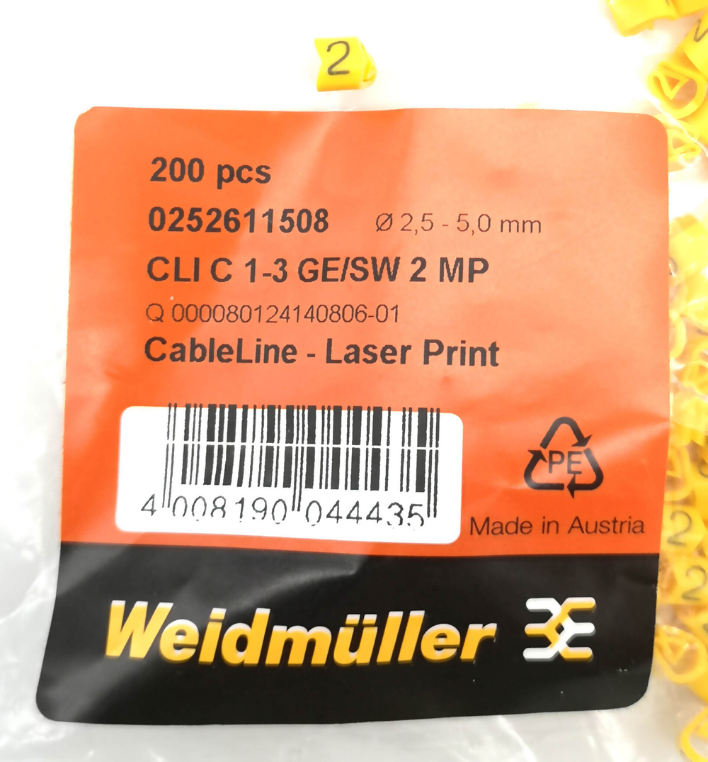 Маркер кабельный сеч.2,5-5мм Weidmuller  CLI C 1-3 GE/SW 2 MP  (200 шт.) 0252611508  PA. 1-3