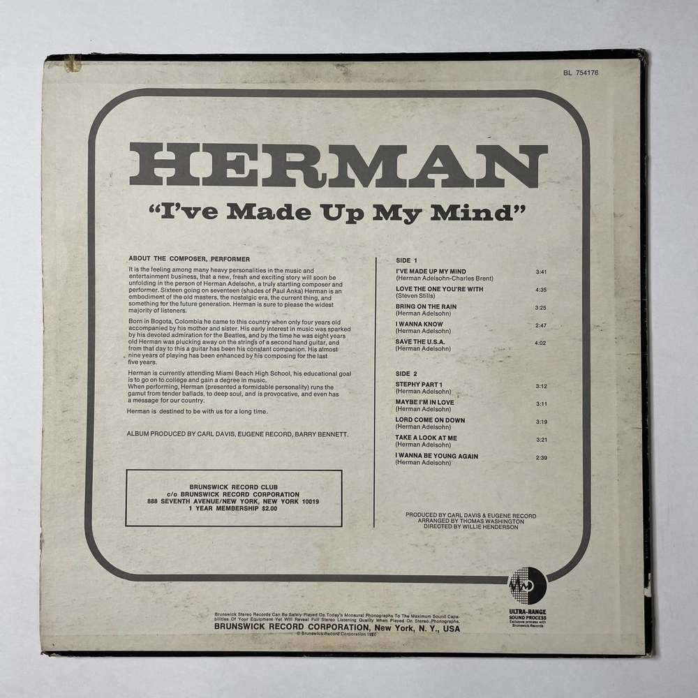 Винтажная виниловая пластинка LP Herman Adelsohn I've Made Up My Mind (USA 1970)