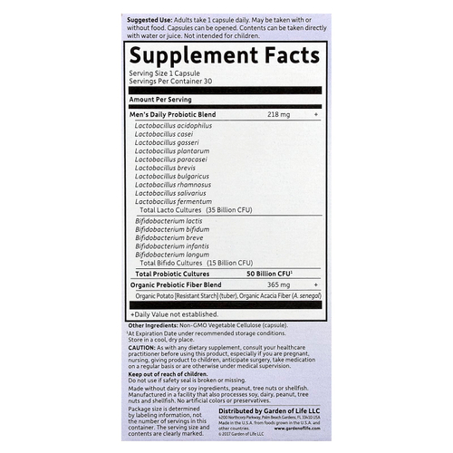 Garden of Life, Dr. Formulated Probiotics, пробиотики, одна таблетка в день для мужчин, 50 миллиардов бактерий,30 растительных капсул