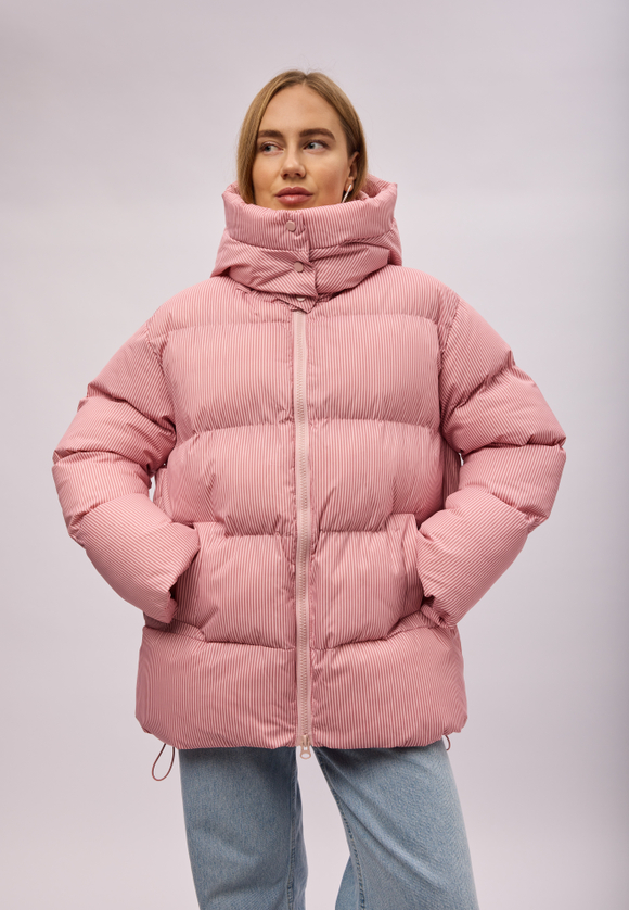 Пуховик Рокет миди розовый в полоску