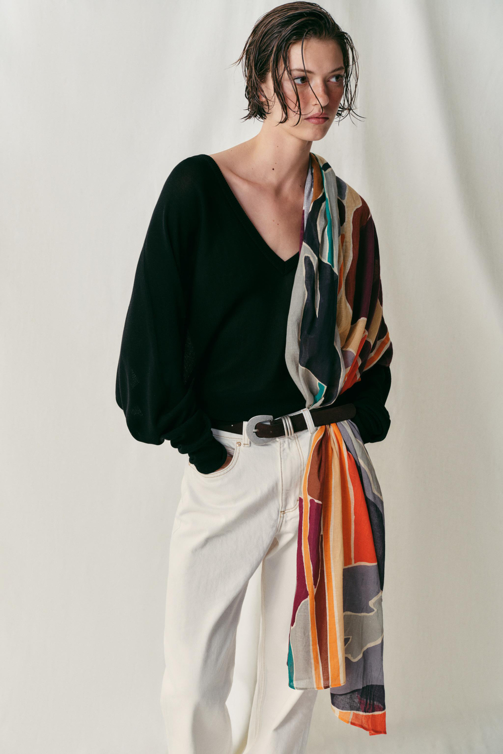 ZARA ШАРФ ИЗ ОРГАНИЧЕСКОГО ЛЬНА С ПРИНТОМ, ПЕСОЧНЫЙ