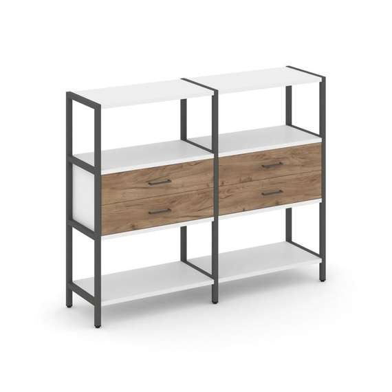 Shelf System Двухсекционный стеллаж трехярусный с ящиками SN.STM-322 Белый/Дуб Табак/Металл Антрацит