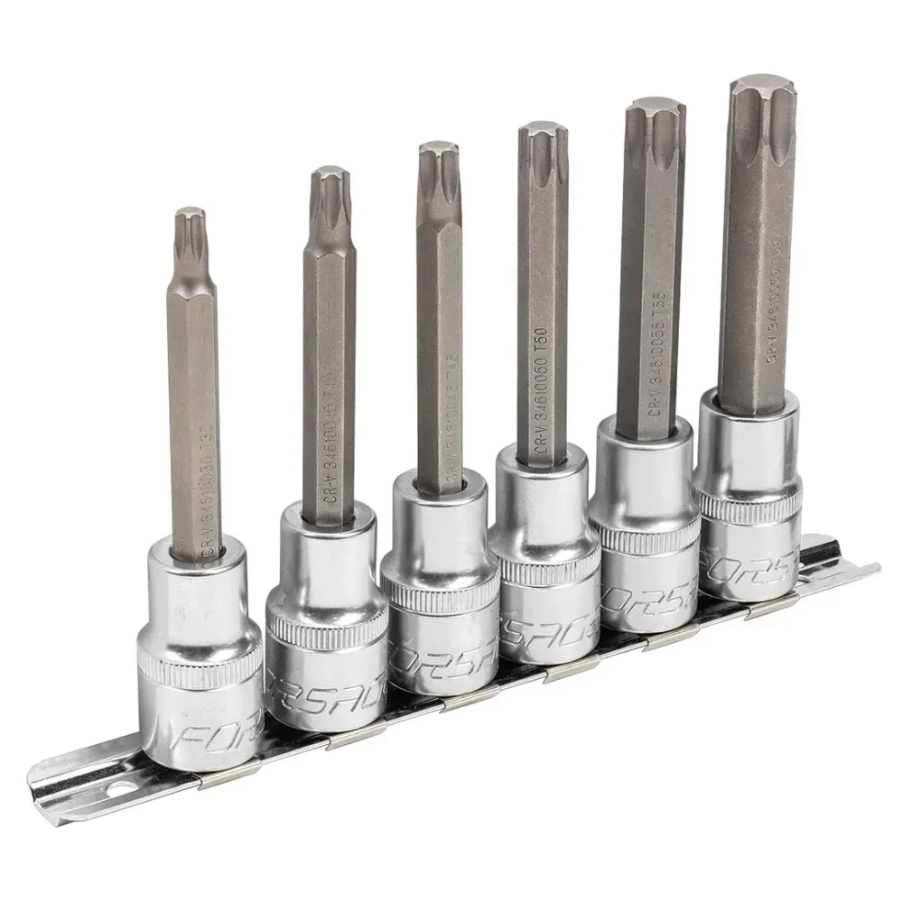Набор головок-бит Torx 6-лучевых, 6 пр.(Т30,Т40,Т45,Т50,Т55,Т60, L-100мм) 1/2'', на планке Forsage F-40913L