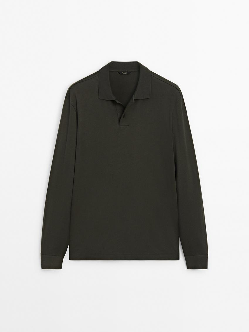 Massimo Dutti Поло из 100% хлопка с длинными рукавами, темно-зеленый