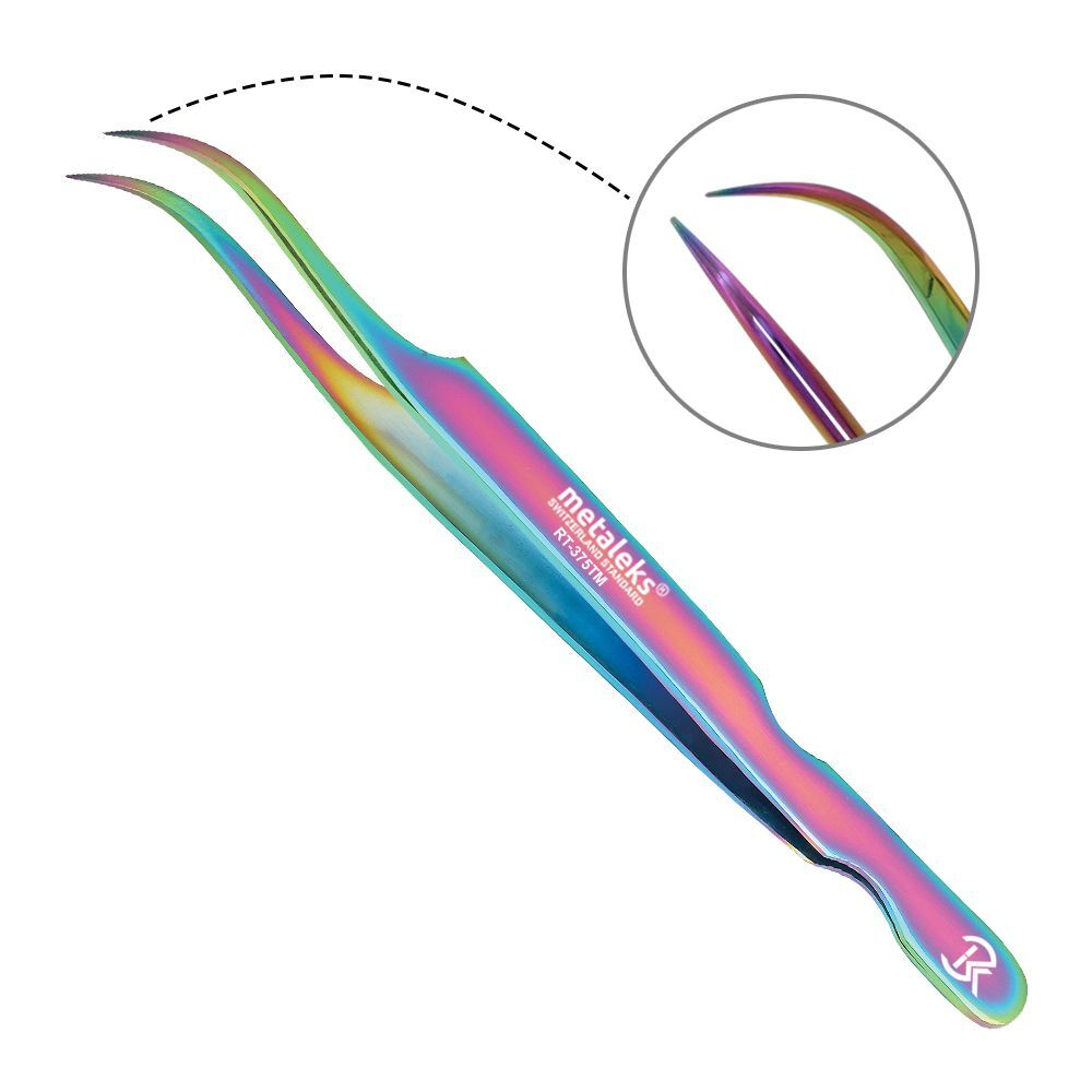 *Пинцет RT-375TM для наращивания ресниц 12см многоцветное-титановое Metaleks