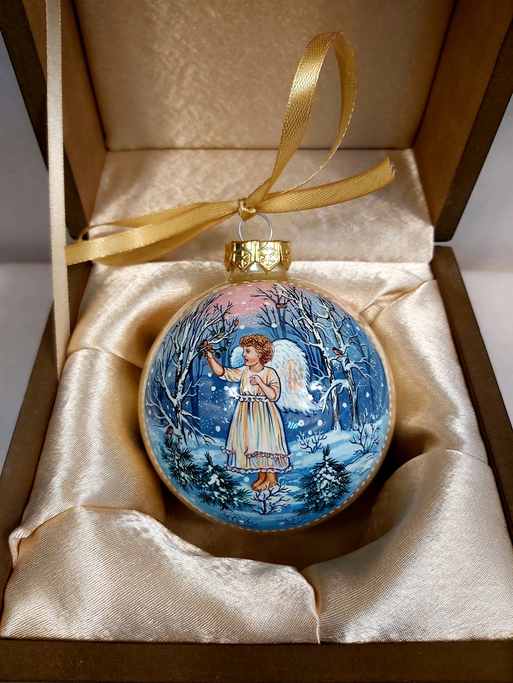 Набор шар новогодний с круговой росписью Палех "Ангелочек" в футляре