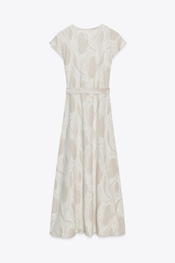 ZARA ЖАККАРДОВОЕ ПЛАТЬЕ С ПОЯСОМ, ЭКРЮ/БЕЖЕВЫЙ