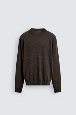 ZARA ШЕРСТЯНОЙ СВИТЕР КЛАССИЧЕСКОГО КРОЯ, КОРИЧНЕВЫЙ МЕЛАНЖ