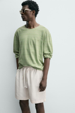 ZARA ШОРТЫ КЛАССИЧЕСКОГО КРОЯ ИЗ РЕЛЬЕФНОЙ ТКАНИ, ЖЕЛТОВАТО-БЕЛЫЙ