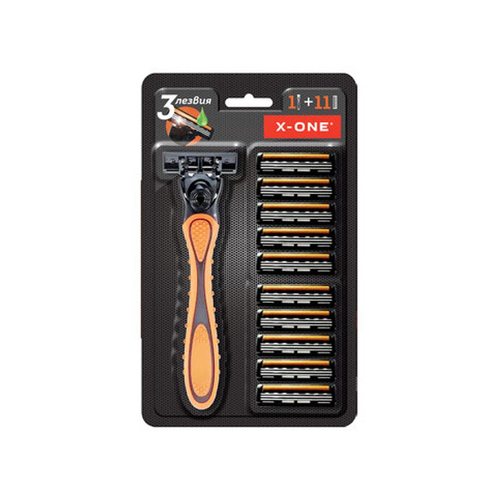 Бритвенный станок многоразовый мужcкой, 3 лезвия, 11 кассет, оранжевый, X-ONE (ИКС-УАН), 700023