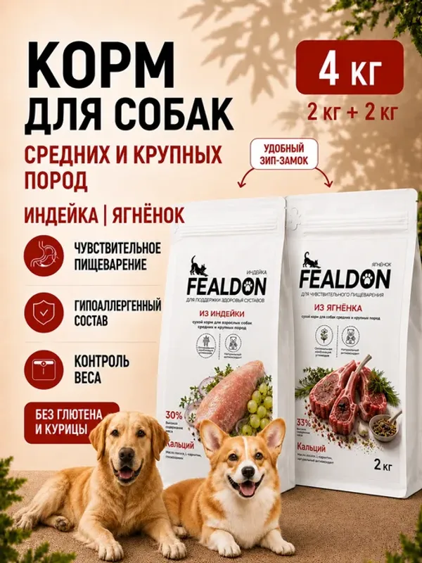 Сухой корм Fealdon для взрослых собак средних и крупных пород с индейкой
