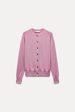 ZARA ОДНОТОННЫЙ ТРИКОТАЖНЫЙ КАРДИГАН С ЗОЛОТИСТЫМИ ПУГОВИЦАМИ, ПУДРОВО-РОЗОВЫЙ