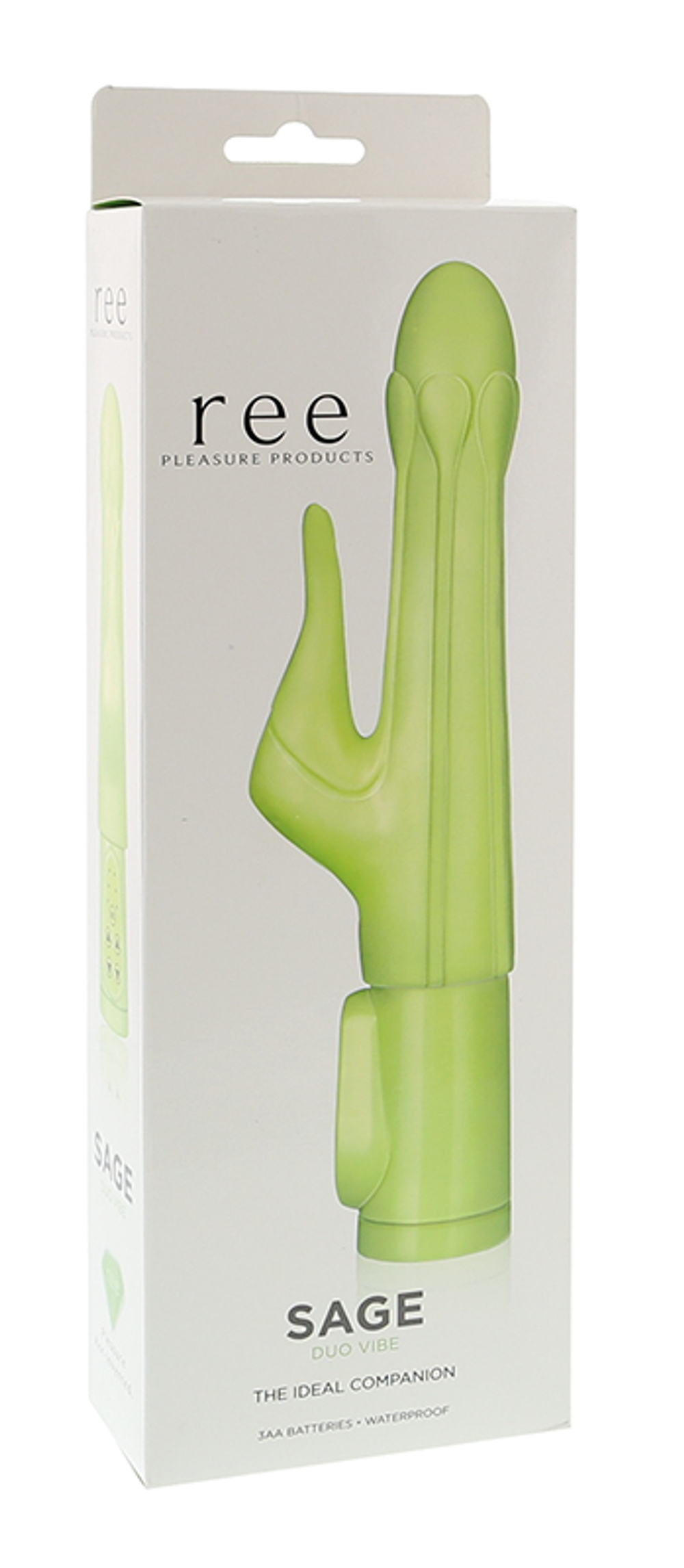 Зеленый водонепроницаемый вибратор Sage с клиторальным отростком - 18,5 см.
