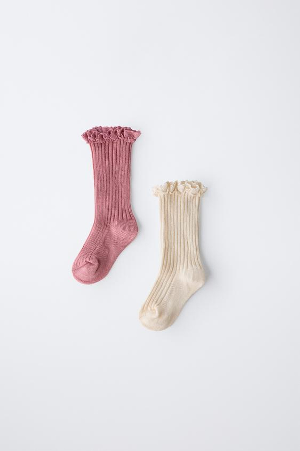 ZARA НАБОР ИЗ ДВУХ ПАР НОСКОВ С КРУЖЕВОМ, РОЗОВЫЙ/БЕЛЫЙ