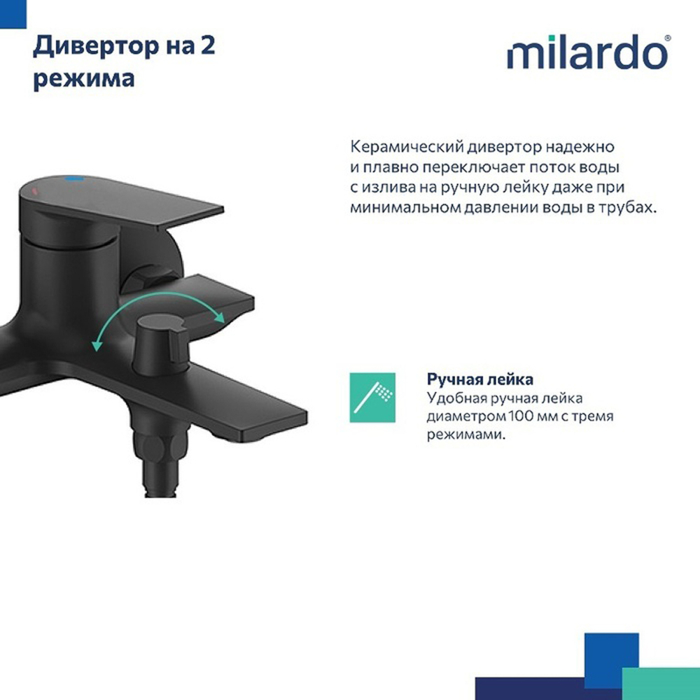 Смеситель для ванны 35к Milardo AZUBL00M02 "Azure" с душ. аксессуарами, ЧЕРНЫЙ хром