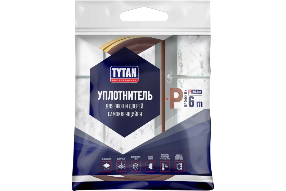 Уплотнитель для окон и дверей Tytan Professional p 6 м, 9x5.5 мм, коричневый 260671