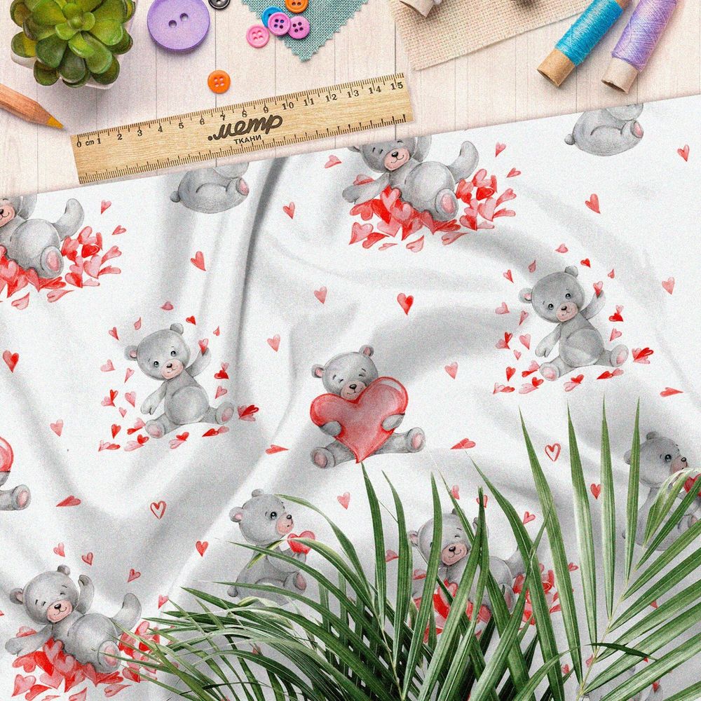 Ткань лен мишки с сердечками