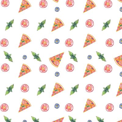 Кусочки пиццы и базилика на белом фоне