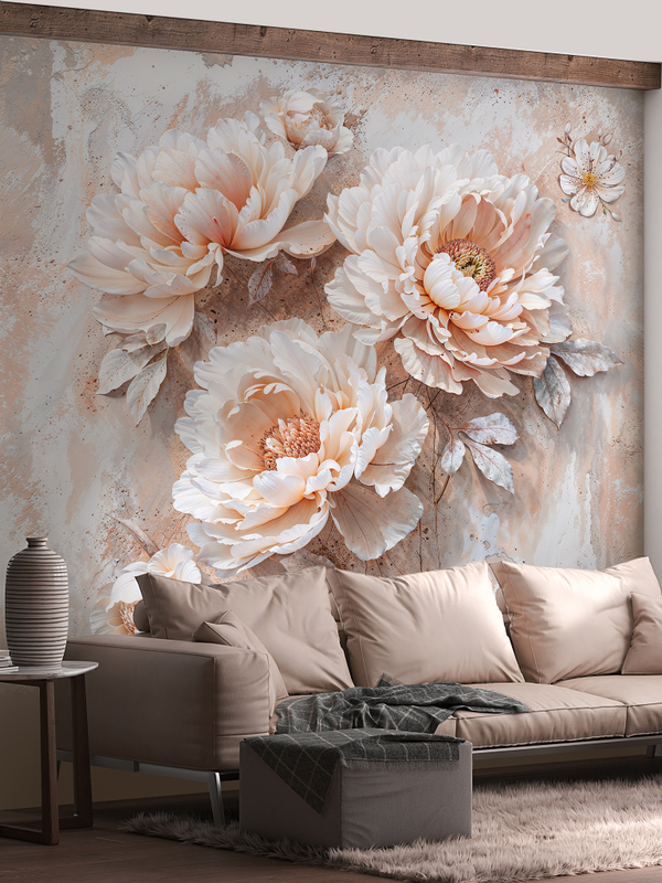 3D Фотообои цветы пионы и штукатурка