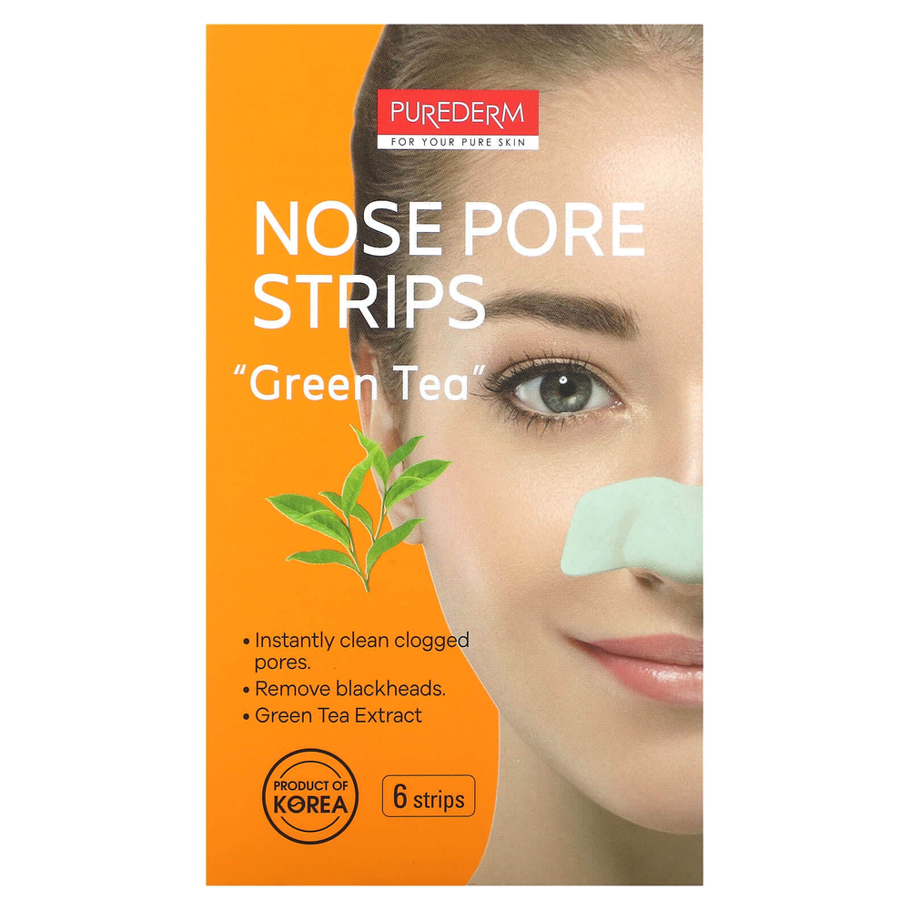 Purederm, Полоски для пор для носа, зеленый чай, 6 полосок