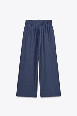 ZARA БРЮКИ WIDE LEG С ОТДЕЛОЧНОЙ СТРОЧКОЙ, ИНДИГО