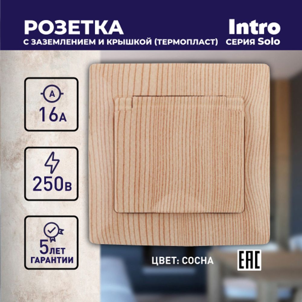 Розетка Intro Solo 4-203-11 с заземлением 2P+E Schuko с крышкой, 16А-250В, IP20, СУ, сосна