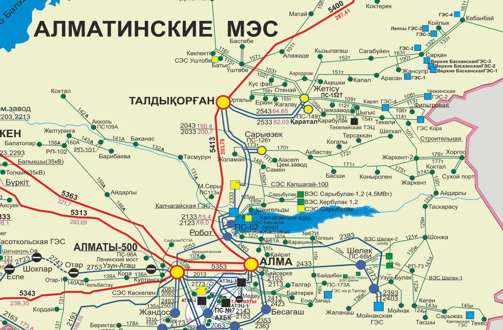 «Карта-схема Электрических сетей 1150-500-220-110кВ ЕЭС Республики Казахстан» (150*230 см) 2025 год