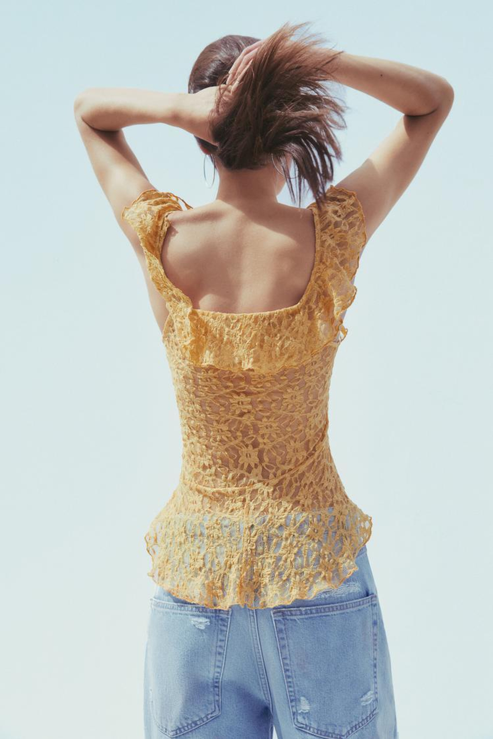 ZARA ТОП С ВОЛАНАМИ И КРУЖЕВОМ, СВЕТЛО-ОРАНЖЕВЫЙ